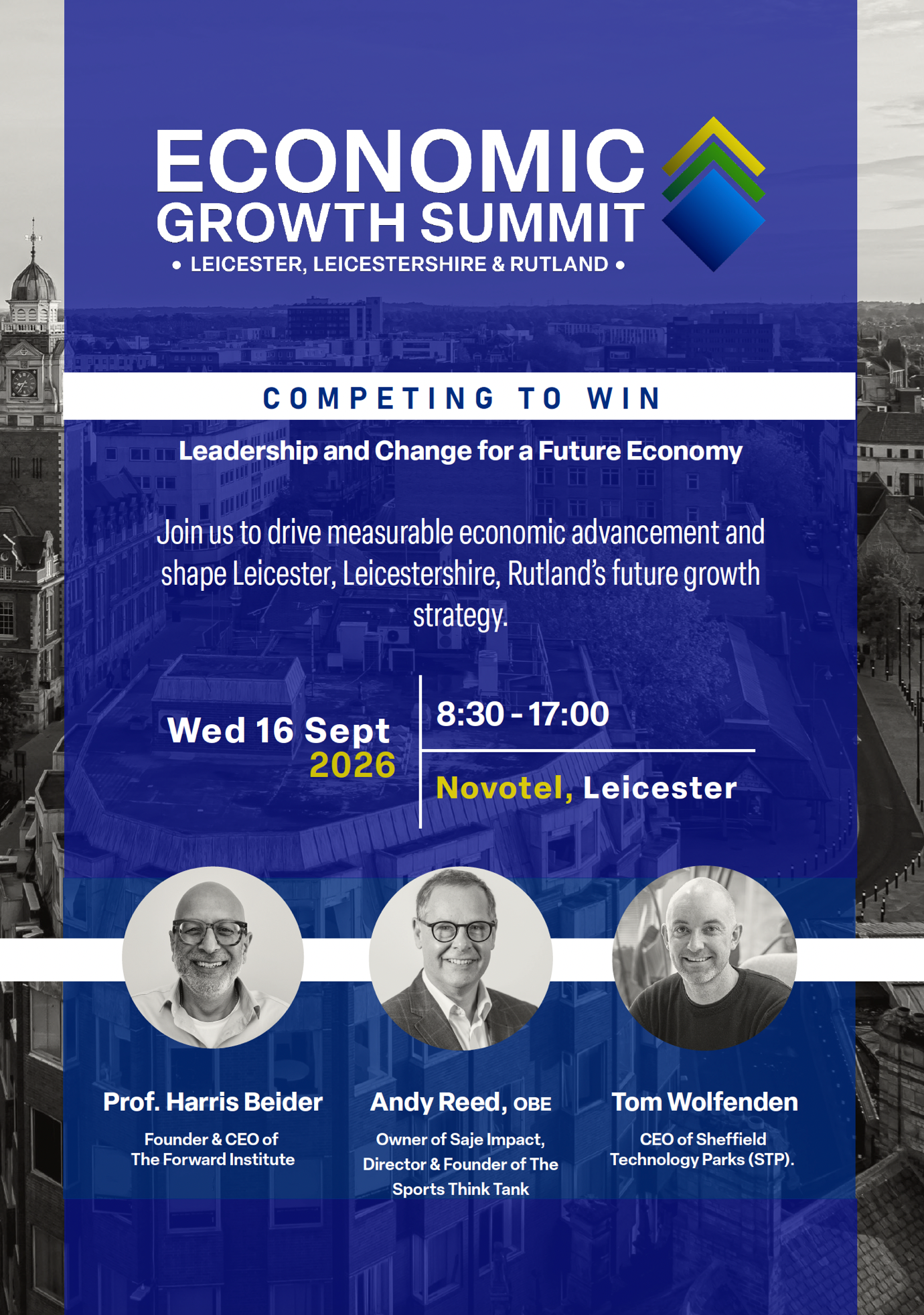 Economic Growth Summit flyer showing featured speakers, date and venue